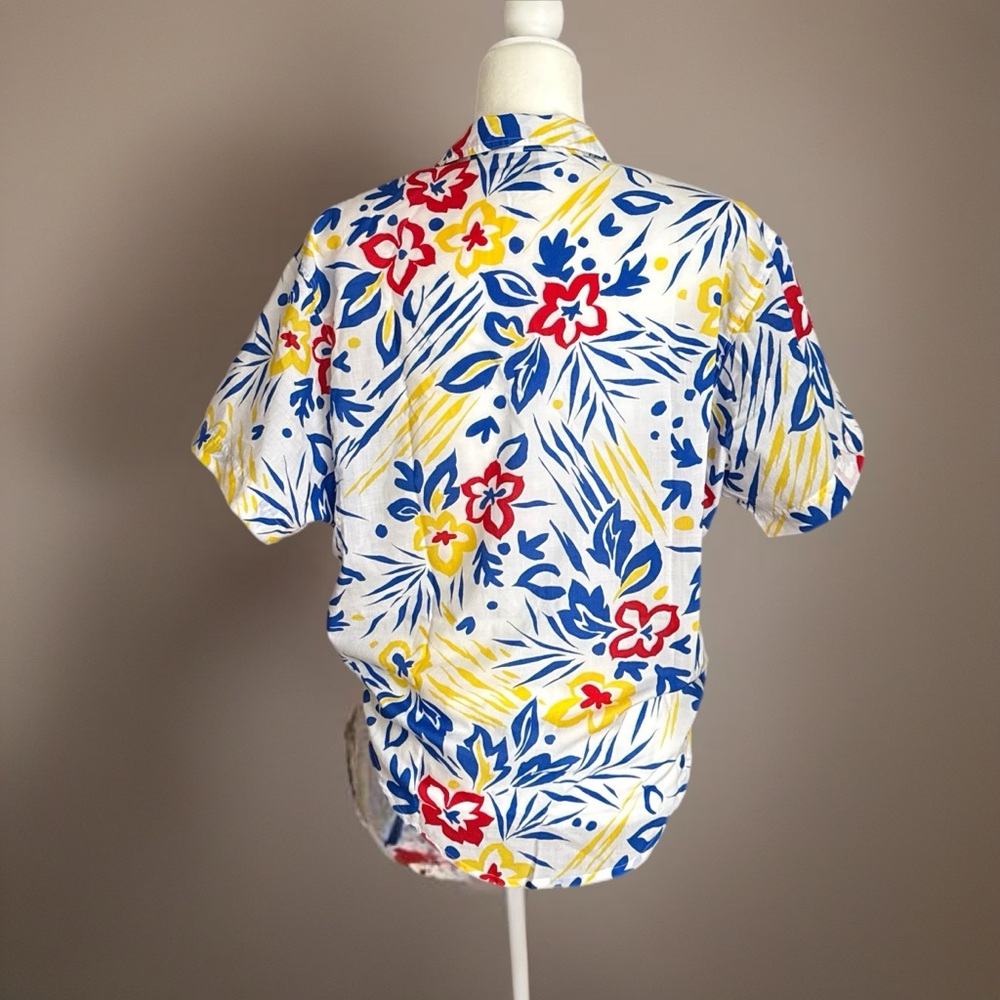 David Matthew Vtg 80s Resort Tropical Floral Button-Up Tie-Front Shirt Size 14 - Picture 3 of 13